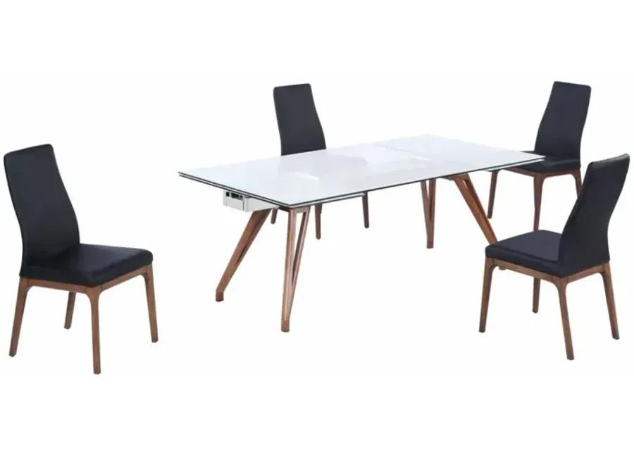 ERIKA BLACK MODERN DINING SET WITH EXTENDABLE GLASS TABLE & BLACK CONTOUR BACK UPHOLSTERED SIDE CHAIRS