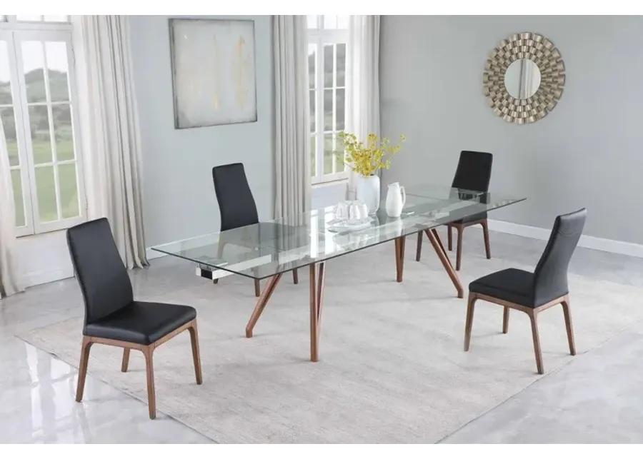 ERIKA BLACK MODERN DINING SET WITH EXTENDABLE GLASS TABLE & BLACK CONTOUR BACK UPHOLSTERED SIDE CHAIRS