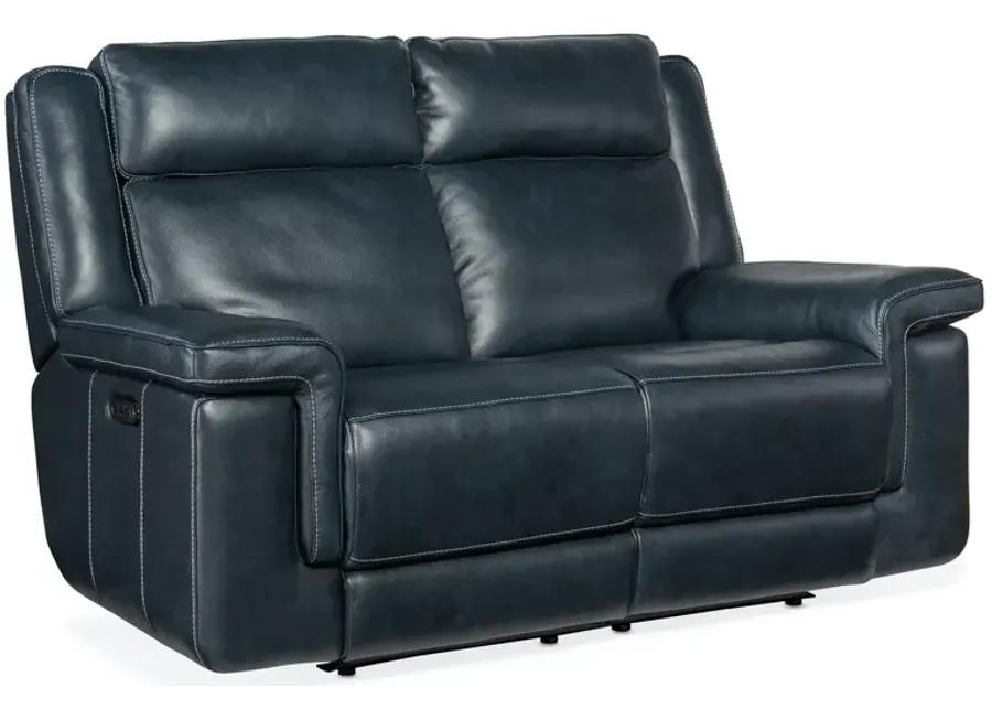 MONTEL COSMOS COBALT LAY FLAT LEATHER POWER LEATHER LOVESEAT WITH POWER HEADREST & LUMBAR