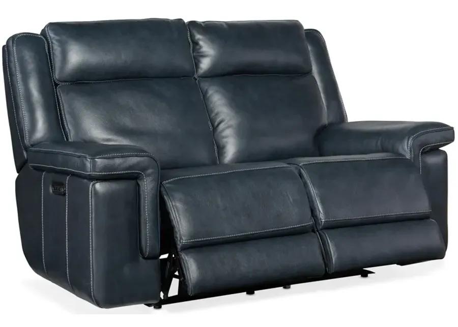 MONTEL COSMOS COBALT LAY FLAT LEATHER POWER LEATHER LOVESEAT WITH POWER HEADREST & LUMBAR