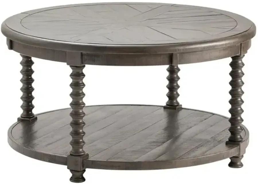 PEMBROKE DISTRESSED GREY ROUND COCKTAIL TABLE