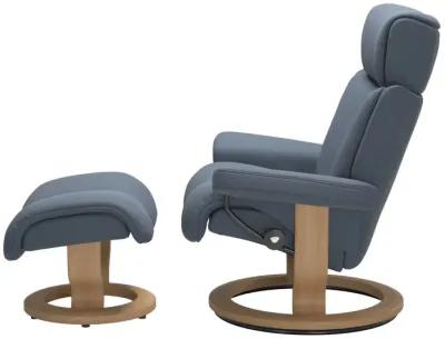 Stressless Magic Large Classic Base Chair & Ottoman in Paloma Sparrow Blue with Oak Finish