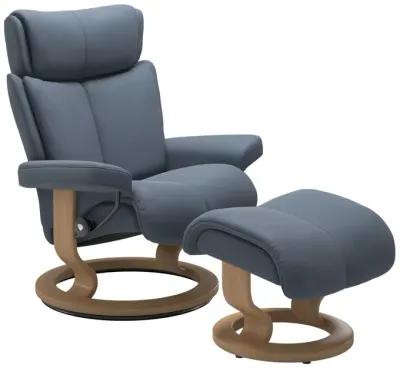 Stressless Magic Large Classic Base Chair & Ottoman in Paloma Sparrow Blue with Oak Finish