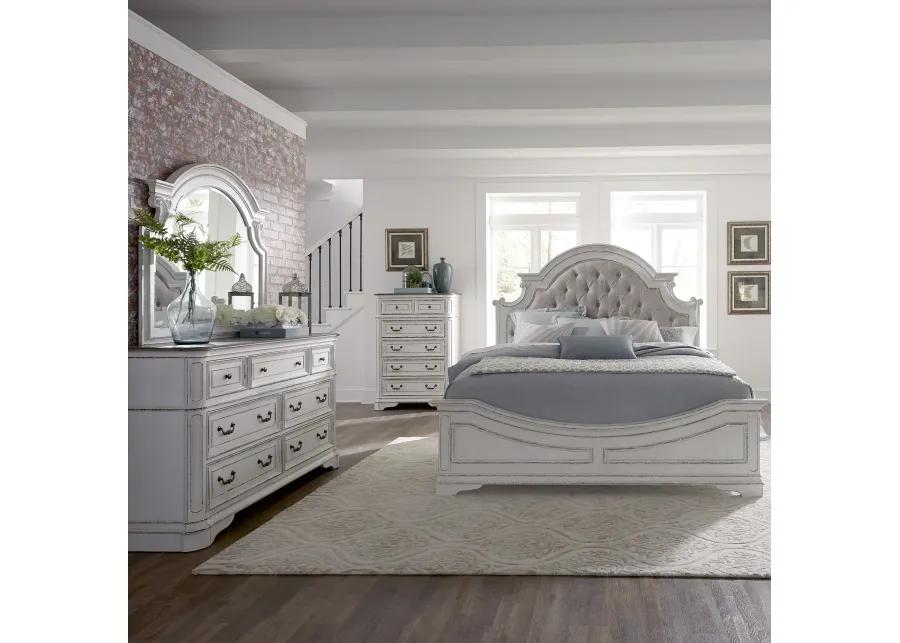 KING UPHOLSTERED BED DRESSER & MIRROR CHEST - MAGNOLIA MANOR