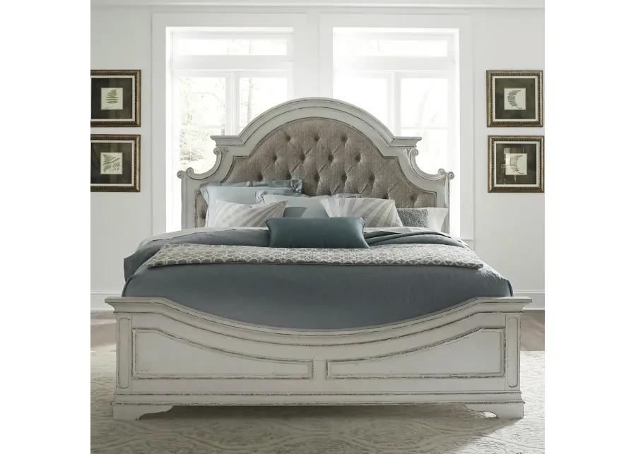 KING UPHOLSTERED BED DRESSER & MIRROR CHEST - MAGNOLIA MANOR