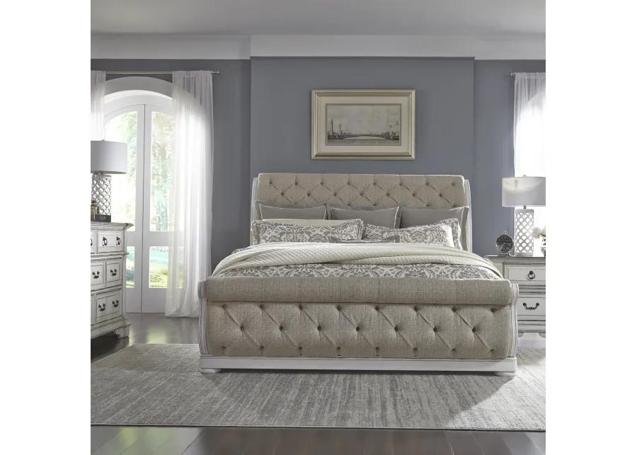 QUEEN UPHOLSTERED SLEIGH BED DRESSER & MIRROR NIGHT STAND - ABBEY PARK