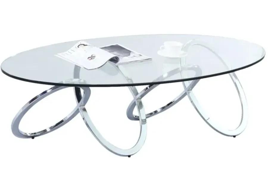 CONTEMPORARY 30 INCH X 54 INCH OVAL GLASS COFFEE TABLE WITH MULTI-RING BASE