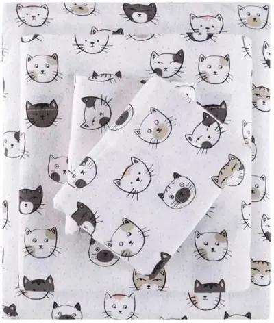 INTELLIGENT DESIGN TWIN XL GREY/PINK CATS COZY SOFT COTTON NOVELTY PRINT FLANNEL SHEET SET