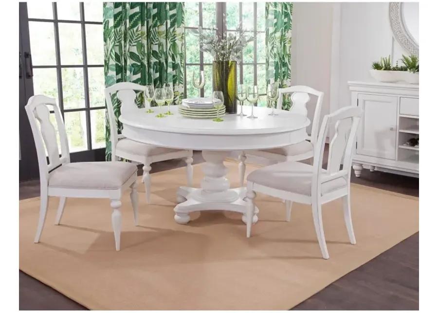 RODANTHE DOVE WHITE WITH RUB-THROUGH 5-PIECE DINING SET - PEDESTAL DINING TABLE & 4 SPLAT BACK CHAIRS