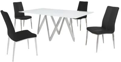 Chintaly Abigail Black Modern Dining Set with White Glass Table & 4 Chairs