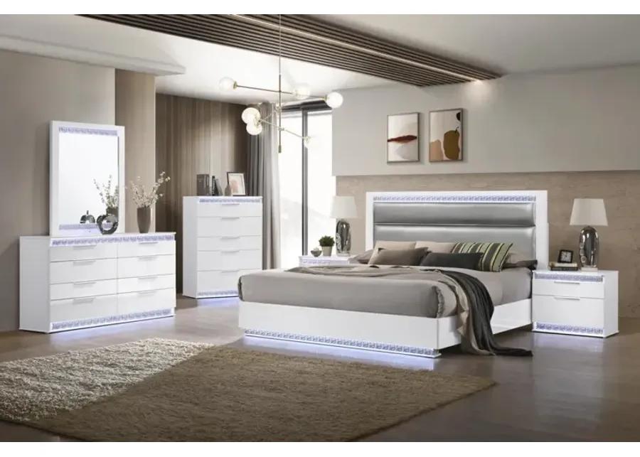 MOSCOW MODERN UPHOLSTERED GLOSS WHITE KING BED WITH LED LIGHTS