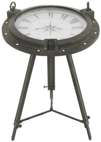 UMA Home Decor Black Metal Compass Accent Table with Clock & Clear Glass Top