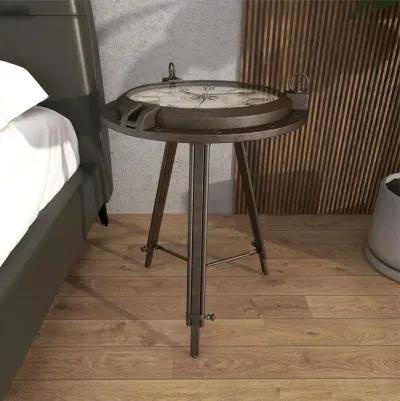 UMA Home Decor Black Metal Compass Accent Table with Clock & Clear Glass Top