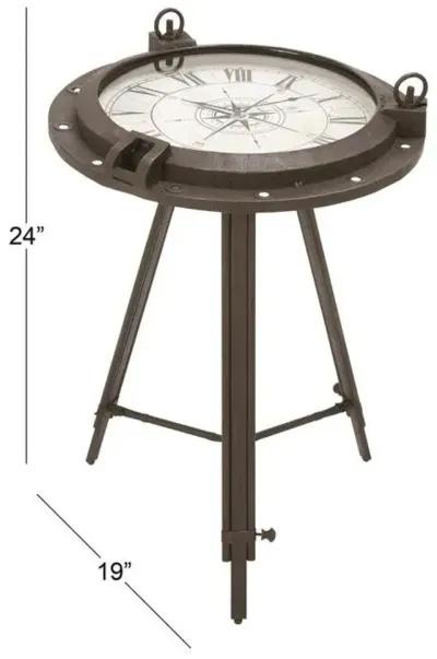 UMA Home Decor Black Metal Compass Accent Table with Clock & Clear Glass Top