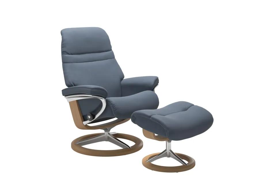 SUNRISE SMALL SIGNATURE BASE CHAIR AND OTTOMAN IN PALMOA SPARROW BLUE LEATHER IN A WHITE WASH FINISH