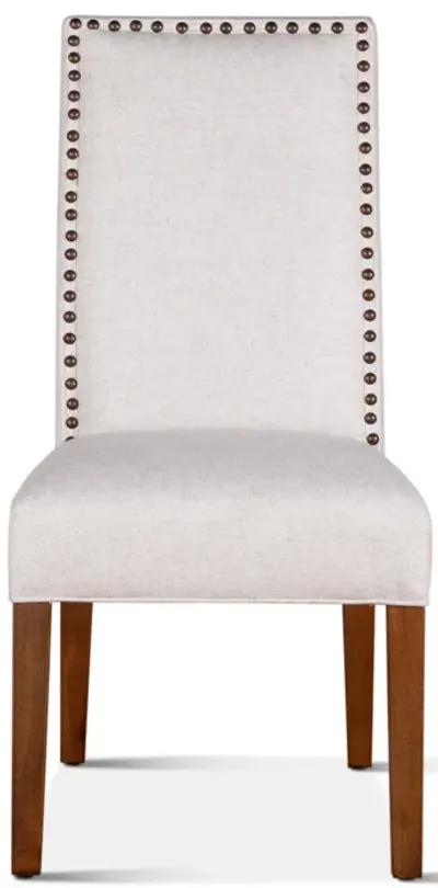 White Linen Fabric Upholstered Dining Chair with Nailhead Trim