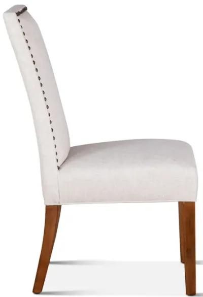 White Linen Fabric Upholstered Dining Chair with Nailhead Trim