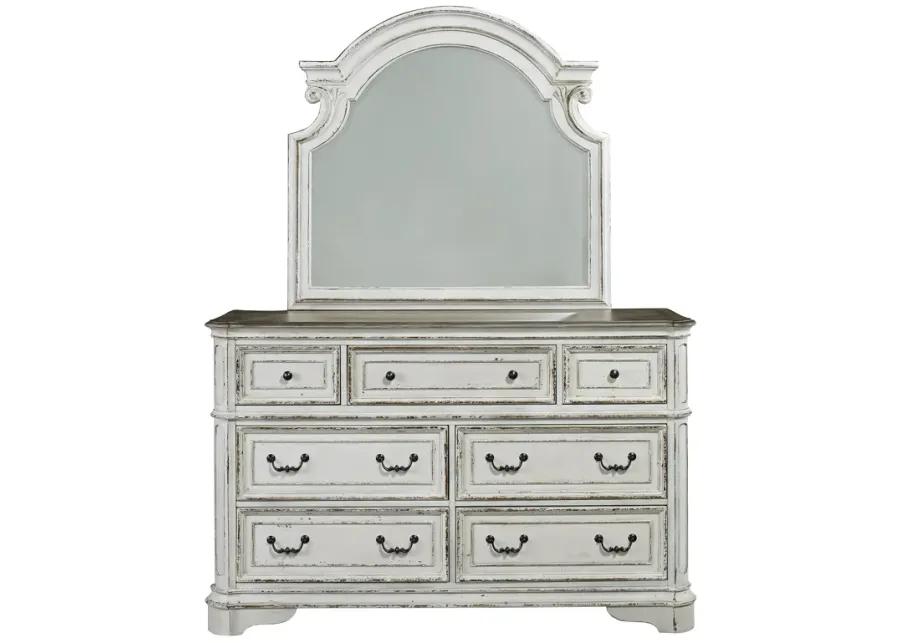 KING UPHOLSTERED BED DRESSER & MIRROR CHEST NIGHT STAND - MAGNOLIA MANOR