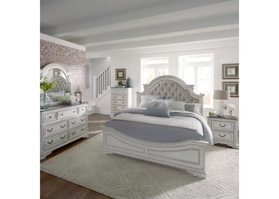 KING UPHOLSTERED BED DRESSER & MIRROR CHEST NIGHT STAND - MAGNOLIA MANOR