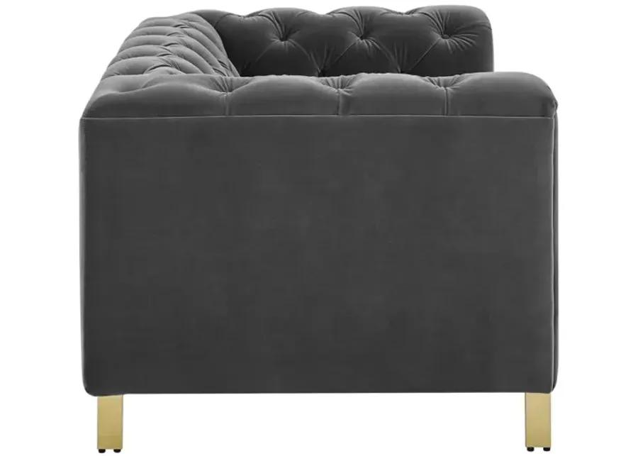 CHARLENE GRAY VELVET BUTTON TUFTED ROLLED ARM CHESTERFIELD LOVESEAT