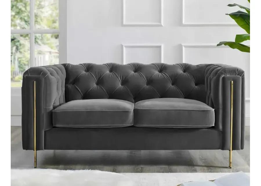 CHARLENE GRAY VELVET BUTTON TUFTED ROLLED ARM CHESTERFIELD LOVESEAT