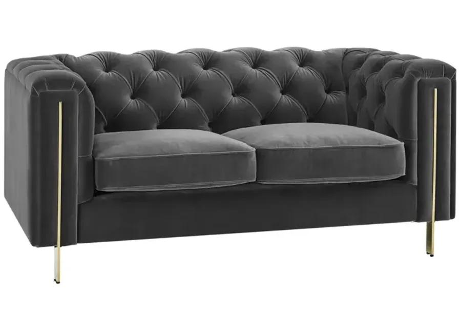 CHARLENE GRAY VELVET BUTTON TUFTED ROLLED ARM CHESTERFIELD LOVESEAT