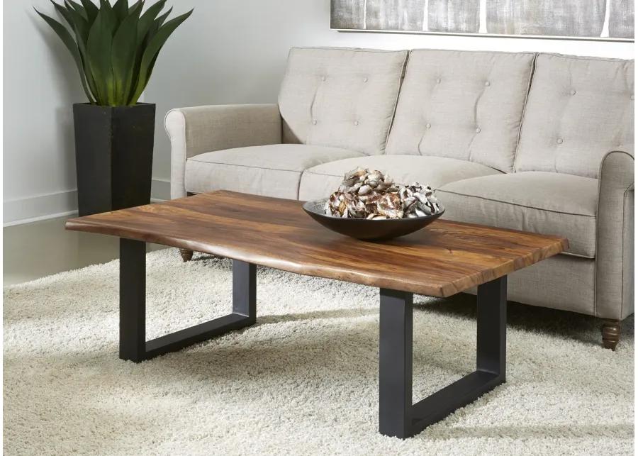 HENDERSON SOLID WOOD LIVE EDGE TOP COCKTAIL COFFEE TABLE WITH BLACK POWDER COATED LEGS