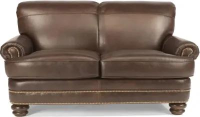 Flexsteel Bay Bridge Brown Leather Loveseat with Nailhead Trim