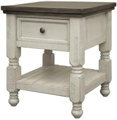 International Furniture Stone Wooden 1-Drawer End Table with Shelf In White Distressed Finish & Dark Wood Top