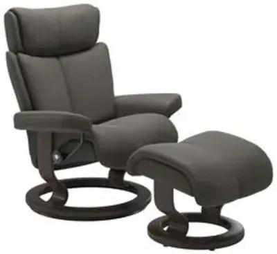 Stressless Magic Large Chair & Ottoman in Paloma Metal Grey with Classic Wenge Finish Base