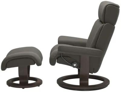 Stressless Magic Large Chair & Ottoman in Paloma Metal Grey with Classic Wenge Finish Base