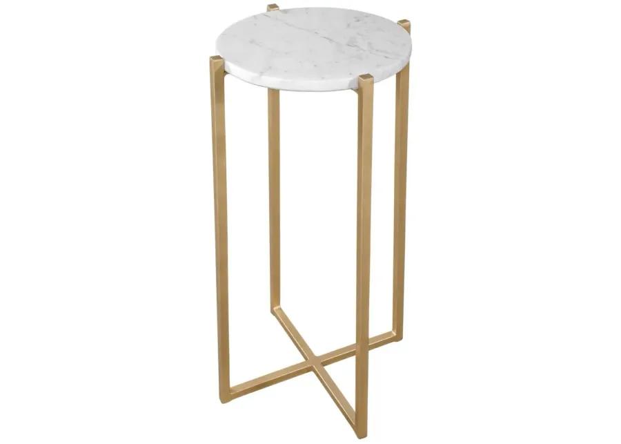 BOSTON 24 INCH TALL ROUND GENUINE MARBLE TOP ACCENT TABLE IN WHITE & GOLD