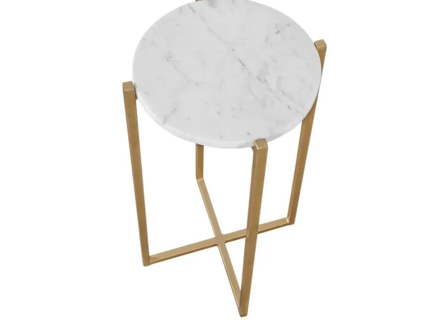 BOSTON 24 INCH TALL ROUND GENUINE MARBLE TOP ACCENT TABLE IN WHITE & GOLD