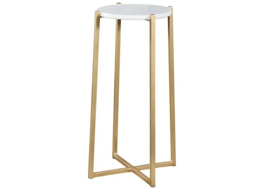 BOSTON 24 INCH TALL ROUND GENUINE MARBLE TOP ACCENT TABLE IN WHITE & GOLD