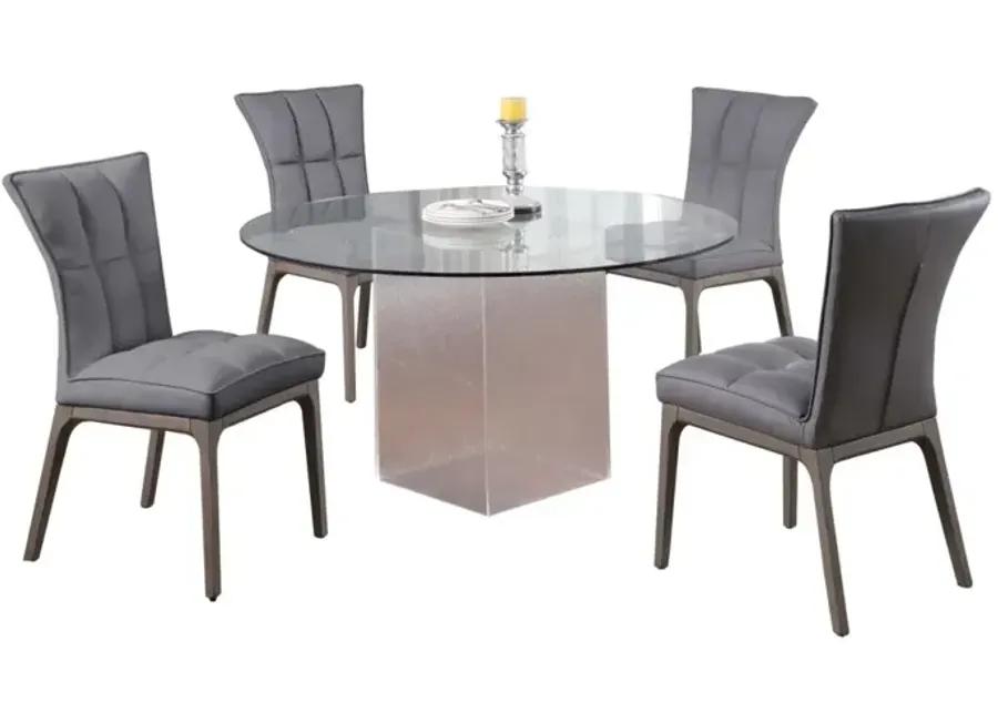 VALERIE GREY CONTEMPORARY DINING SET WITH ROUND GLASS TABLE, ACRYLIC BASE & 4 TUFTED SIDE CHAIRS