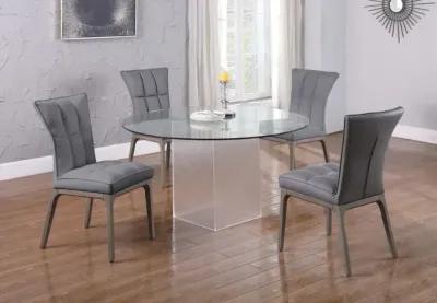 Chintaly Valerie Grey Contemporary Dining Set with Round Glass Table Acrylic Base & 4 Tufted Side Chairs