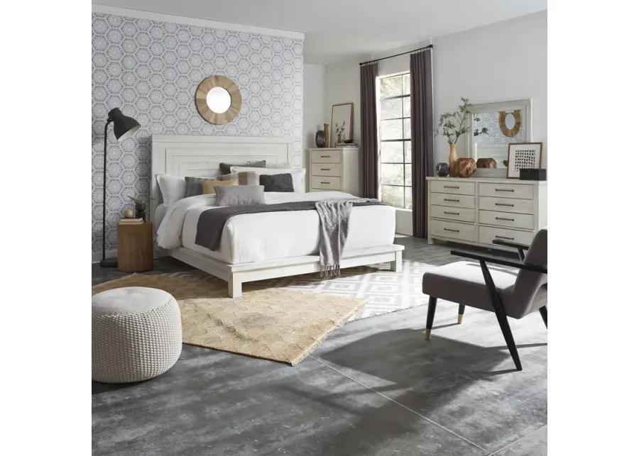 KING PLATFORM BED DRESSER & MIRROR CHEST - MODERN FARMHOUSE