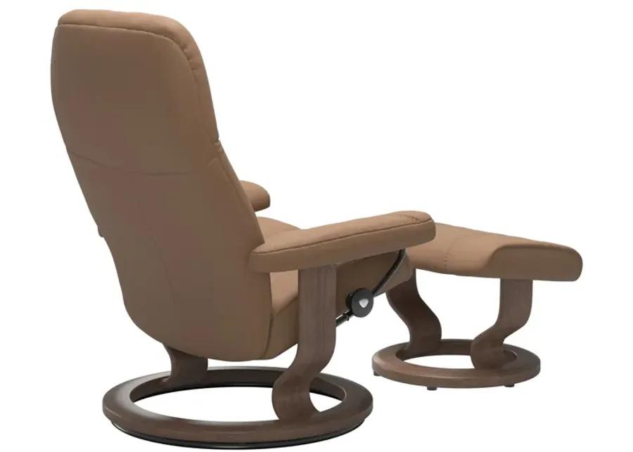 STRESSLESS CONSUL CLASSIC BASE CHAIR AND OTTOMAN IN BATICK LATTE/WALNUT - SMALL