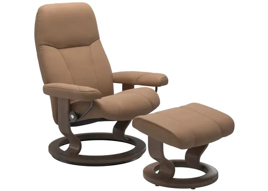 STRESSLESS CONSUL CLASSIC BASE CHAIR AND OTTOMAN IN BATICK LATTE/WALNUT - SMALL