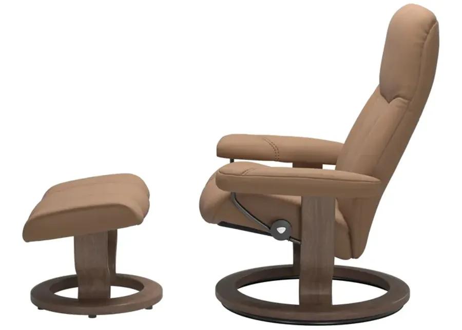 STRESSLESS CONSUL CLASSIC BASE CHAIR AND OTTOMAN IN BATICK LATTE/WALNUT - SMALL