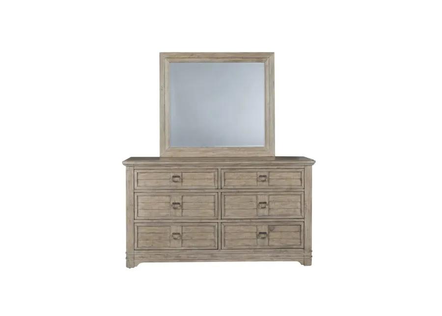 MEADOWBROOK SAND KING ARCHED PANEL BED, DRESSER, MIRROR & TWO 1-DRAWER NIGHTSTANDS