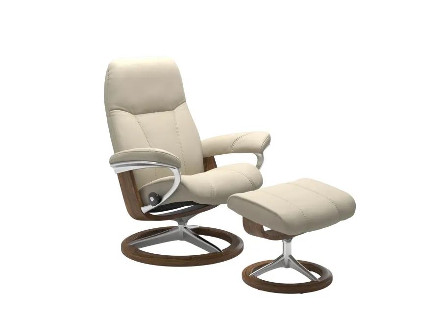 STRESSLESS CONSUL SIGNATURE BASE CHAIR AND OTTOMAN IN BATICK CREAM/TEAK - SMALL