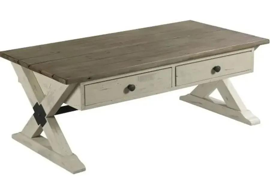 RECLAMATION PLACE TRESTLE RECTANGULAR 2 DRAWER COCKTAIL TABLE - SUNDRIED NATURAL