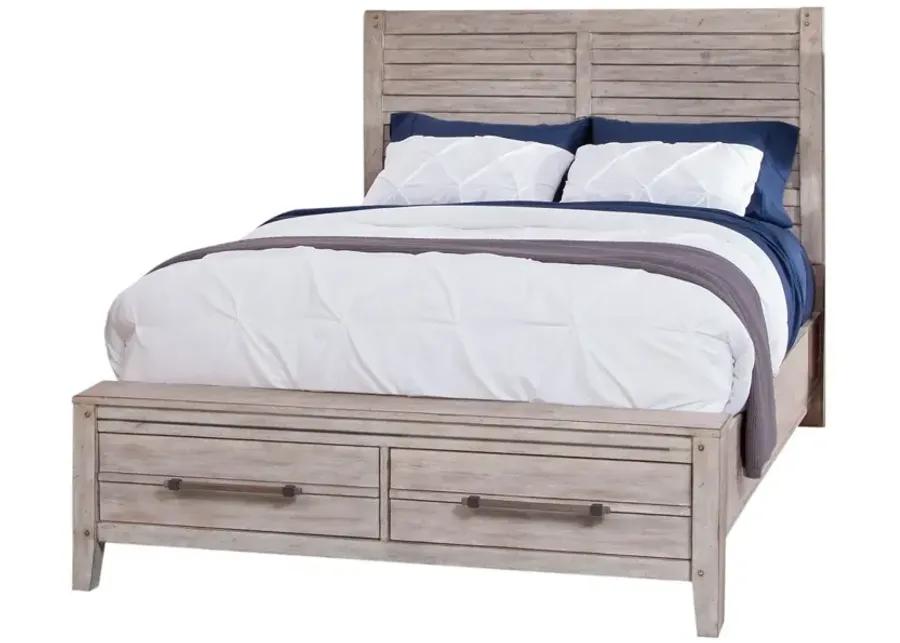 AURORA WHITEWASH 4-PIECE BEDROOM SET - QUEEN PANEL BED WITH STORAGE FOOTBOARD, DRESSER, MIRROR & 1-DRAWER NIGHTSTAND