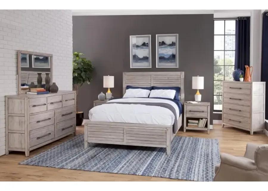 AURORA WHITEWASH 4-PIECE BEDROOM SET - QUEEN PANEL BED WITH STORAGE FOOTBOARD, DRESSER, MIRROR & 1-DRAWER NIGHTSTAND