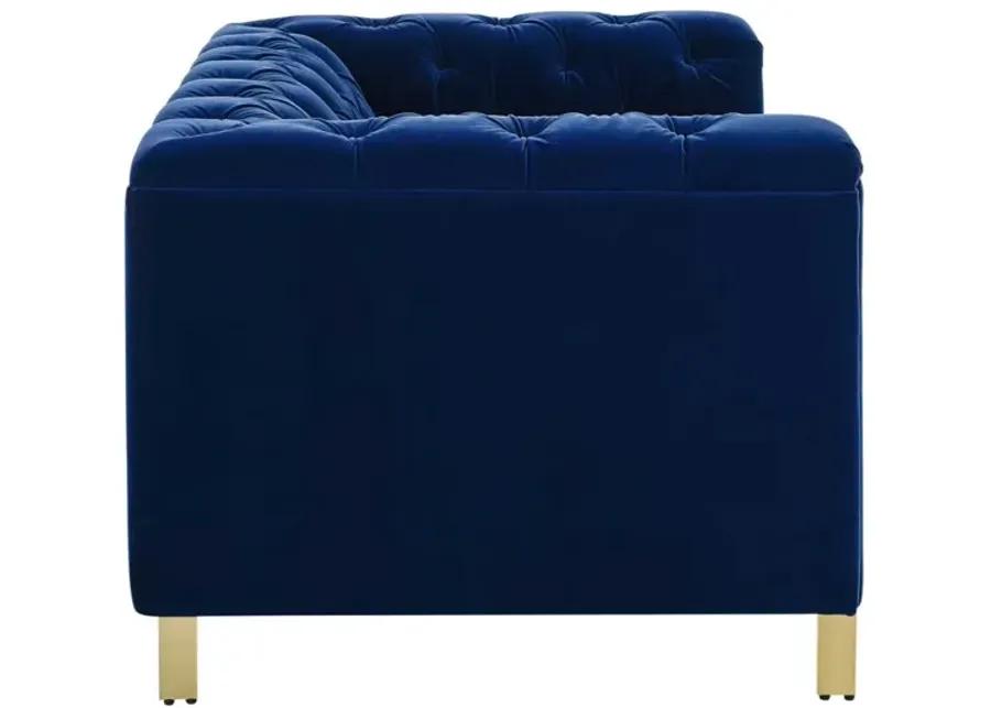 CHARLENE BLUE VELVET BUTTON TUFTED ROLLED ARM CHESTERFIELD LOVESEAT