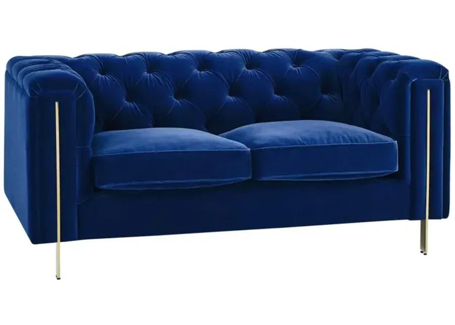 CHARLENE BLUE VELVET BUTTON TUFTED ROLLED ARM CHESTERFIELD LOVESEAT