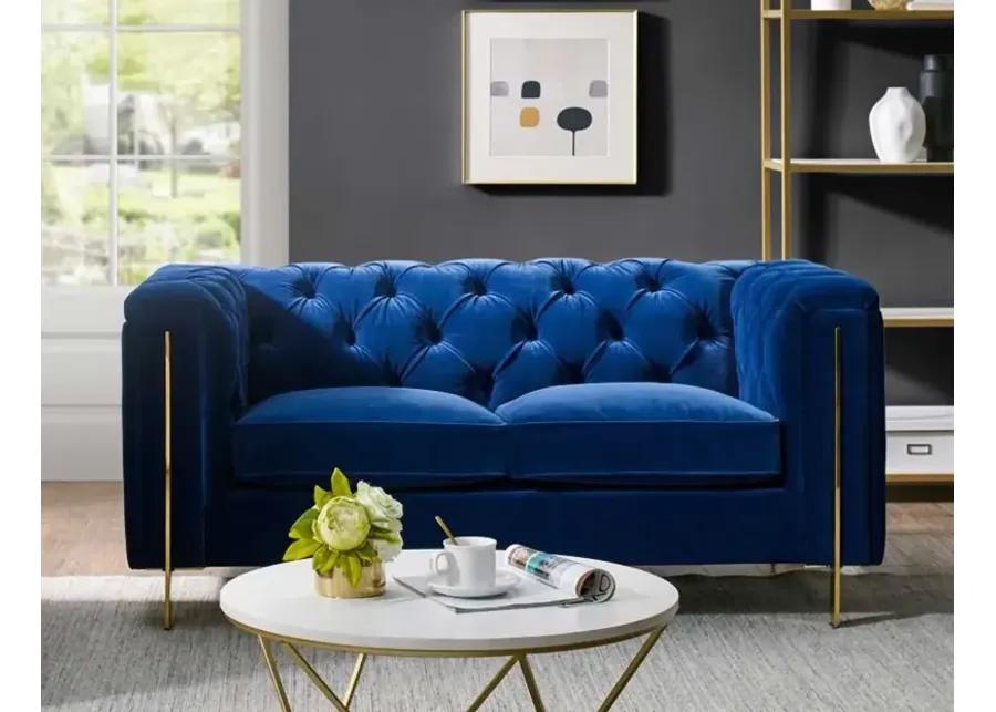 CHARLENE BLUE VELVET BUTTON TUFTED ROLLED ARM CHESTERFIELD LOVESEAT