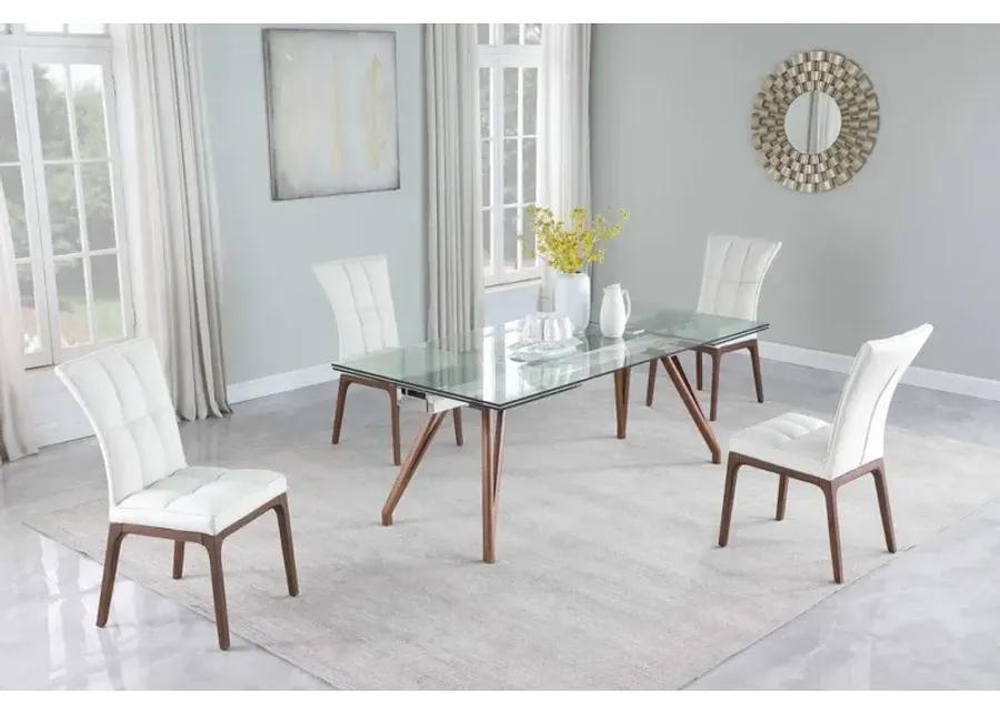 ERIKA WHITE/WALNUT MODERN WALNUT DINING SET WITH EXTENDABLE TABLE & 4 SIDE CHAIRS