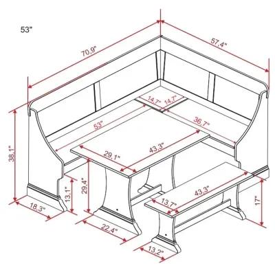 Linon Midwest Pine Breakfast Nook with Table & Bench